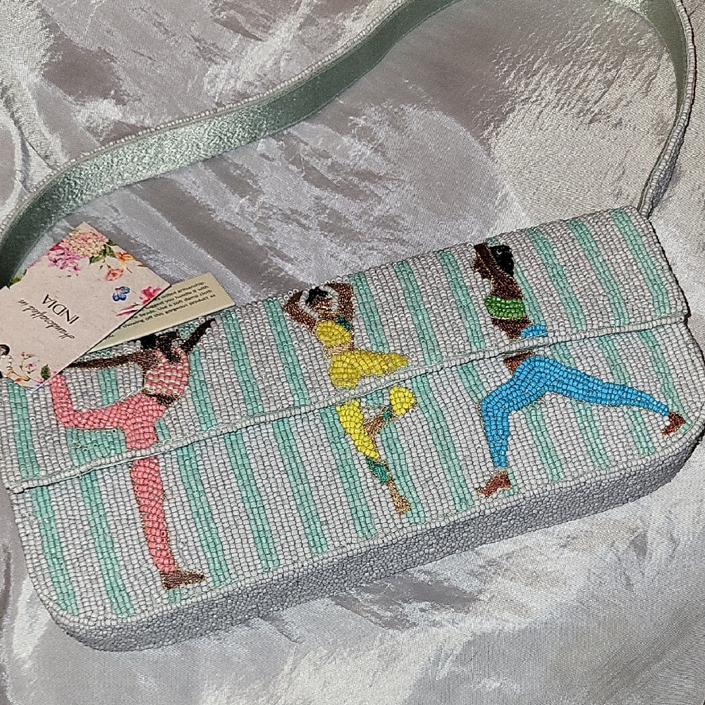 Yoga Motif Hand-Beaded Shoulder Bag in Mint and White Namaste  Bnwt ML Eh